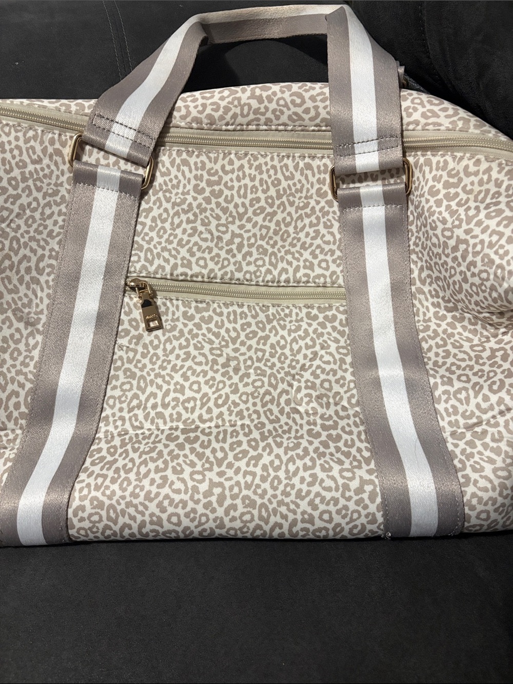 Lined Totebag - Neutral Leopard Print Travel Duffle with Striped Handles